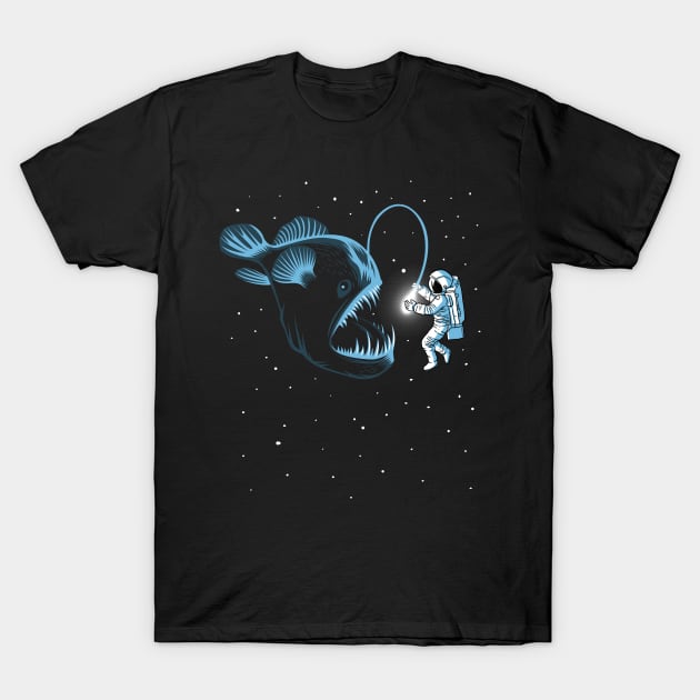 Abyssal fish hunting an astronaut T-Shirt by albertocubatas